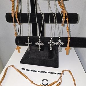 Silver and Wood Beaded Cross Necklaces Plus Matching Ring And Bracelet. 10 Piece